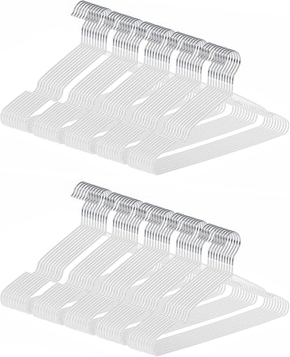 Ultra-Thin Metal Hangers, 100 Pack Non-Slip PVC Coated Space Saving Clothes Hangers for Closet, 16 inch Wide for Suits, Dresses, Jackets（White）
