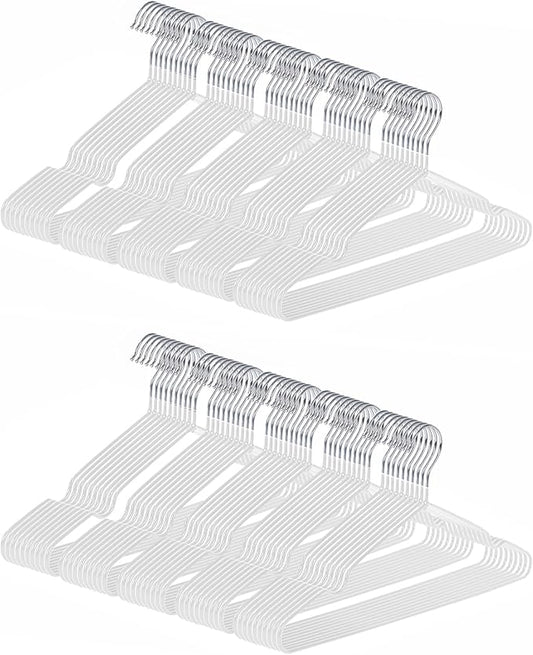 Ultra-Thin Metal Hangers, 100 Pack Non-Slip PVC Coated Space Saving Clothes Hangers for Closet, 16 inch Wide for Suits, Dresses, Jackets（White）