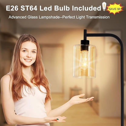 DLLT Floor Lamp Tall for Room: Black Standing Lamp with Amber Glass Lampshade for Living Room - Modern Bright Lamp for Bedroom - Industrial Corner Floor Lamps for Office 8W Led Bulb Included