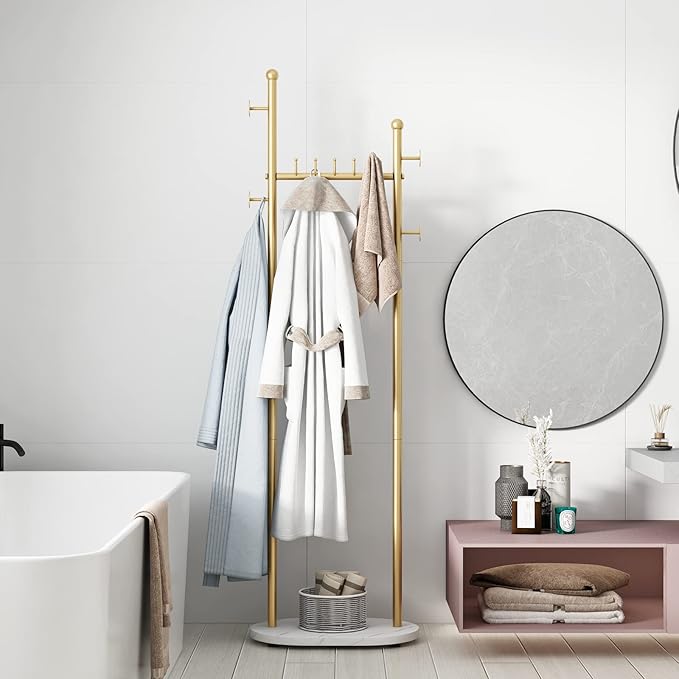 Gold Clothing Rack With Shelves, Gold Coat Rack Freestanding with Marble Base, Coat Hanger Hat Tree Standing Clothes Racks for Boutique, Bedroom