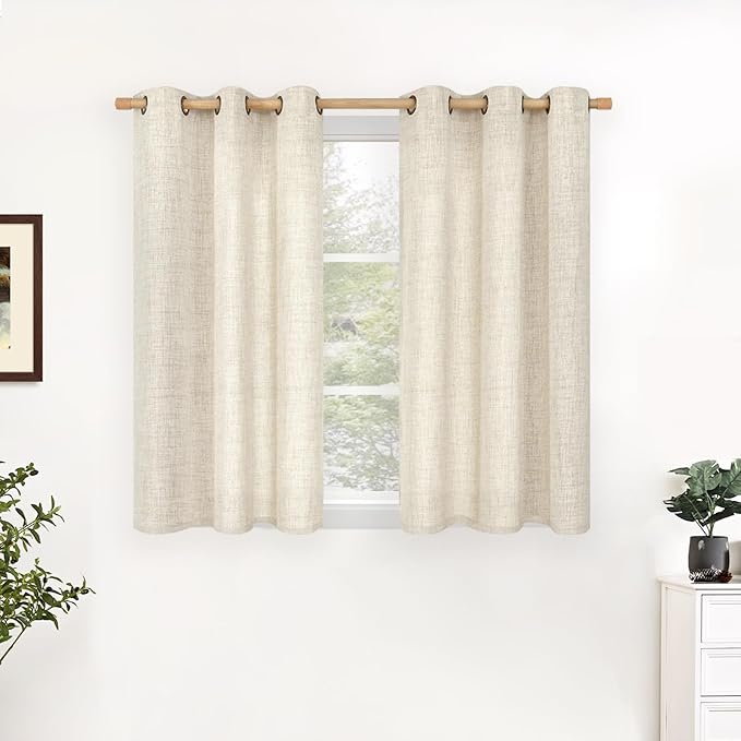 YoungsTex Linen Kitchen Window Curtains 48 Inch Length with Grommet, Short Light Filtering Drapes Semi Sheer Privacy for Bathroom Cafe Window, 34 x 48 Inch, 2 Panels