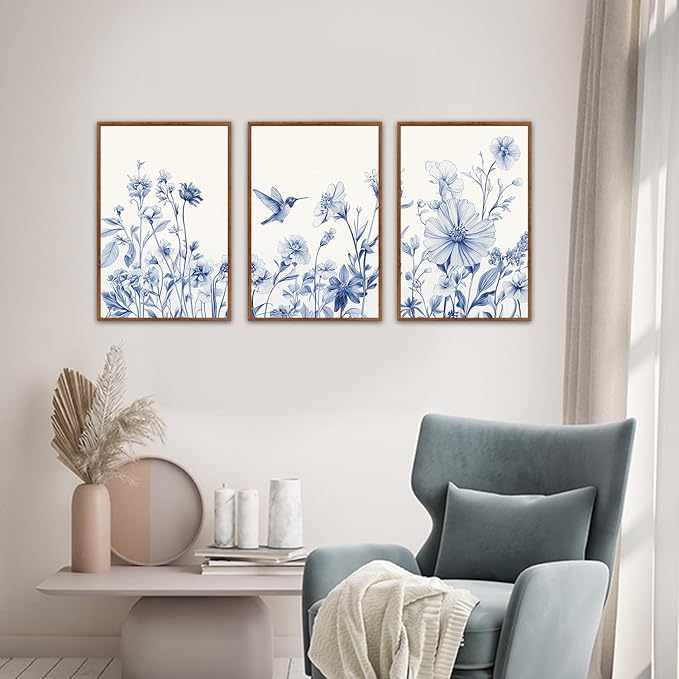 HLNIUC Bule Flower Bird Wall Art Set,Watercolor White&Blue Wildflower Poster,Farmhouse Vintage Blue Bird Blossoms Canvas Painting,Botanical Floral Canvas Art Print for Living Room Bedroom-16 x24 x3