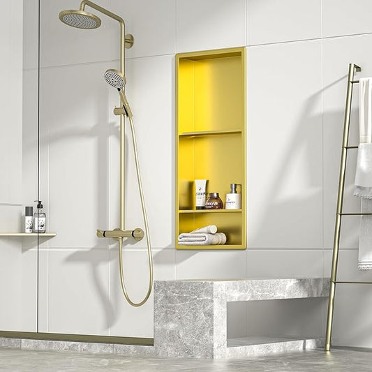 Stainless Steel Shower Niche Gold 30" X 12" with 3-Tiers Shelf No Tile Needed Niche Shower for Bathroom Storage Recessed Wall Shelf Over Mount Installation