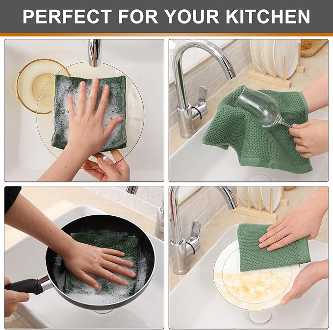 Kitinjoy 100% Cotton Kitchen Dish Cloths, 8 Pack Waffle Weave Ultra Soft Absorbent Dish Towels for Drying Dishes Quick Drying Kitchen Towels Dish Rags, 12 X 12 Inches, Grass Green