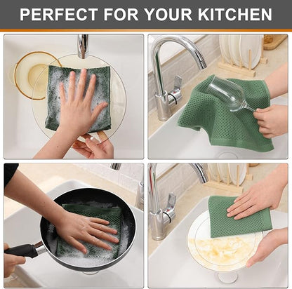 Kitinjoy 100% Cotton Kitchen Dish Cloths, 12 Pack Waffle Weave Ultra Soft Absorbent Dish Towels for Drying Dishes Quick Drying Kitchen Towels Dish Rags, 12 X 12 Inches, Grass Green