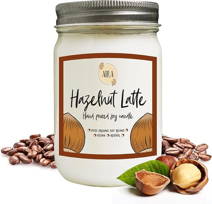 Aira Soy Candle – Hazelnut Latte – 12 oz Mason Jar – Hand-Poured USA – Long-Lasting Vegan Soy Wax Candle – Cozy Coffeehouse Aromatherapy – Paraffin-Free, Kosher, Cruelty-Free