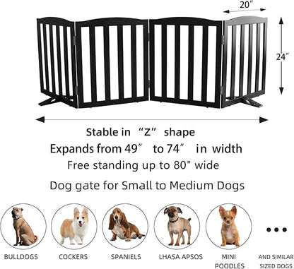 ZJSF Foldable Freestanding Indoor Dog Gate for House Wood Long Pet Gates Dog Fence for Stairs Puppy Gates for Hallways, Puppy Gate,Support Feet Included, Black, 24 "Height-4 Panels