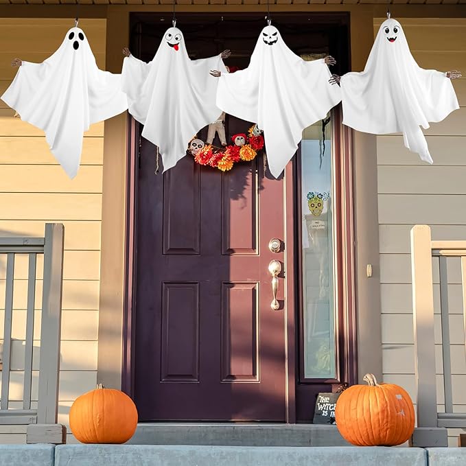 4PCS Hanging Ghosts Halloween Decorations With Skeleton Hands, Spooky & Cute Expression for Front Porch and Tree
