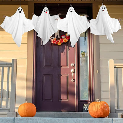 4PCS Hanging Ghosts Halloween Decorations With Skeleton Hands, Spooky & Cute Expression for Front Porch and Tree
