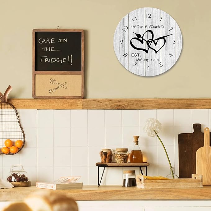 Personalized Couples Wall Clock with Name Date, Custom Farmhouse Wall Clock for Living Room Kitchen Bathroom, Home Decor Gifts for Christmas Birthday Valentine's Anniversary Wedding