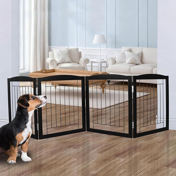 ZJSF Freestanding Foldable Dog Gate for House Extra Wide Wooden Black Indoor Puppy Gate Stairs Dog Gates Doorways Tall Pet Gate 4 Panels Fence