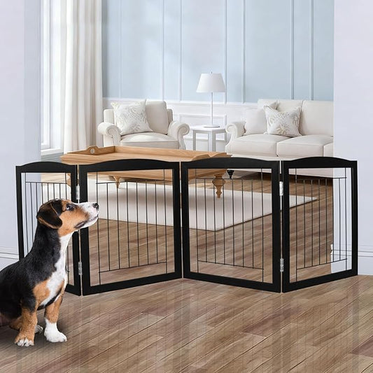 ZJSF Freestanding Foldable Dog Gate for House Extra Wide Wooden Black Indoor Puppy Gate Stairs Dog Gates Doorways Tall Pet Gate 4 Panels Fence