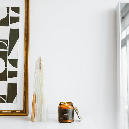 Calyan Wax Co. Redwood & Vanilla Scented Candle - 57 Hour Burn - Luxury Non Toxic Soy Wax Candles - Long Lasting Amber Glass Jar Candle for Home - 7.2oz