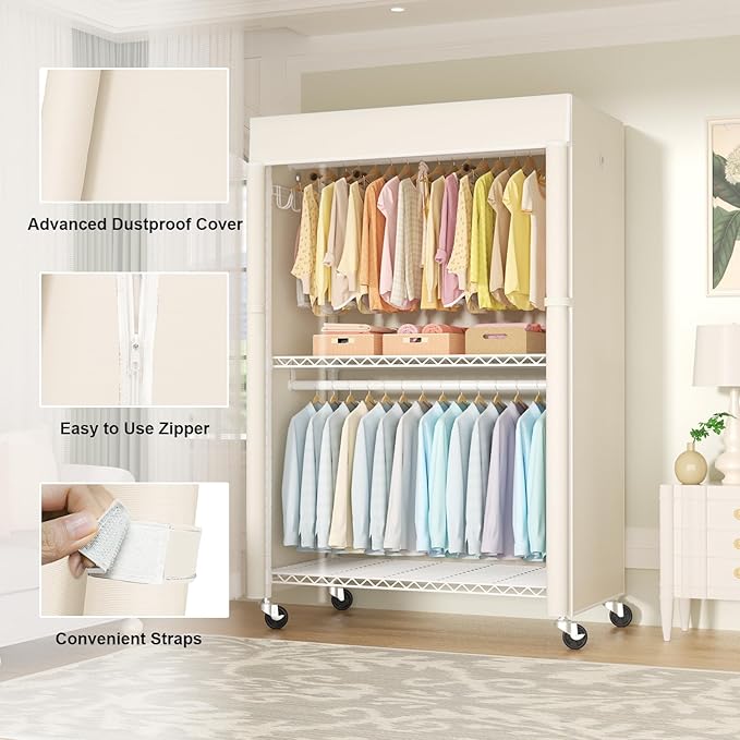 White Clothing Rack with Beige Cover, P1C Plus Rolling Closet with Wheels, Metal Garment Rack for Hanging Clothes, Clothing Storage Wardrobe, 46" W x 18.5" D x 80.7" H, Load 524 Pounds
