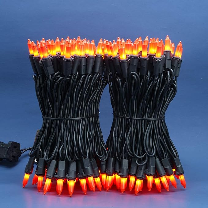 200 Count Orange Christmas Lights, Pack of 2 Strands 100 Count 33 ft Black Wire UL Listed Halloween String Light (Orange)