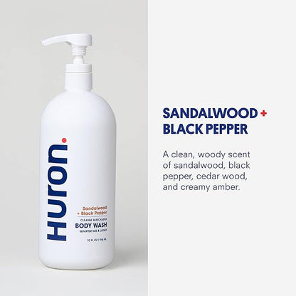 Huron Men’s Moisturizing Body Wash - Clean & Woody Scent of Sandalwood, Black Pepper, Cedarwood, & Amber - Made With Coconut Oil, Vitamin E & Witch Hazel - Vegan, Cruelty-Free - 30.3 fl oz
