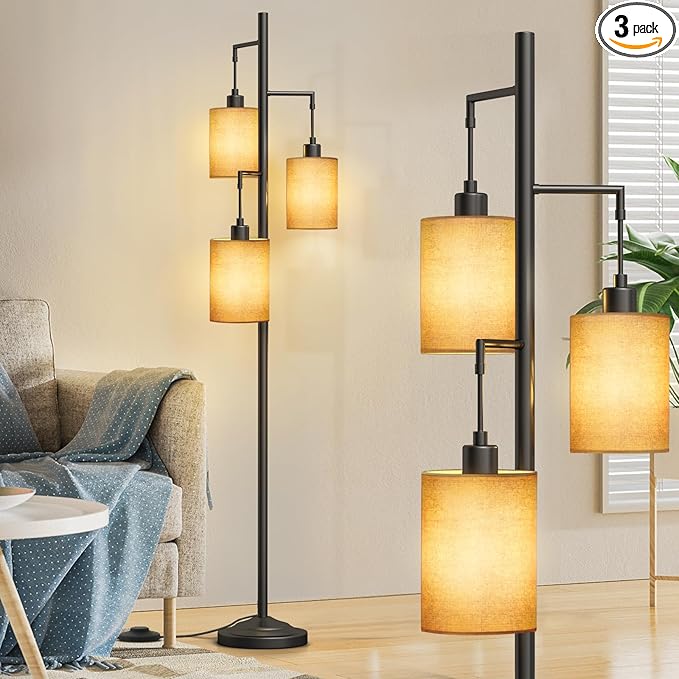 3 Lights Boho Floor Lamps with ON/Off Foot Switch Tree Standing Lamp with Hanging Lampshades Farmhouse Floor Lamp Tall Pole Lamp for Living Room Bedroom Office, 3 PCS 6W Bulbs Included