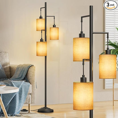 3 Lights Boho Floor Lamps with ON/Off Foot Switch Tree Standing Lamp with Hanging Lampshades Farmhouse Floor Lamp Tall Pole Lamp for Living Room Bedroom Office, 3 PCS 6W Bulbs Included