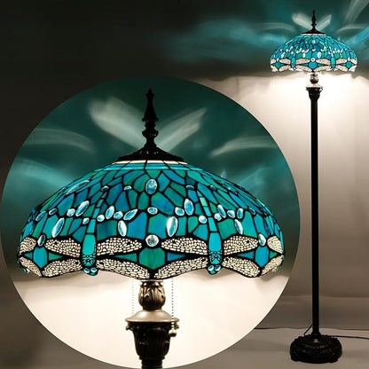 WERFACTORY Tiffany Floor Lamp Dragonfly Green Stained Glass Standing Reading Light 16X16X64 Inches Antique Pole Corner Lamp Decor Bedroom Living Room Home Office S622 Series