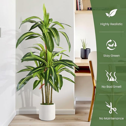 Artificial Dracaena Fake Tree 4FT, White High Pot Artificial Plants Indoor&Outdoor, Fake Plants for Office/Home/Living Room Potted Decoration, 4ft