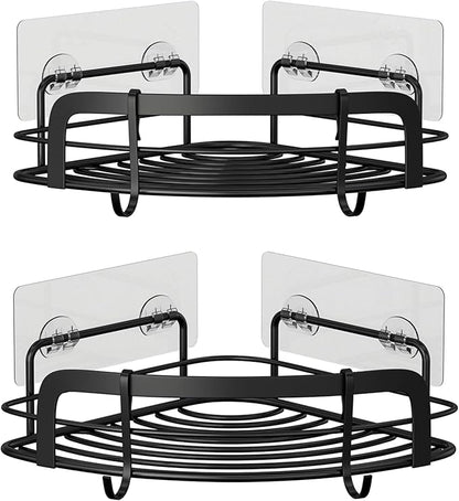 STEUGO Black Bathroom Corner Shower Shelfs, Adhesive Wall Mounted Shower Caddy with 4 Movable Hooks, Rustproof Stainless Steel Bathroom Shower Organizer, No Drilling Wall Mount 2-Pack