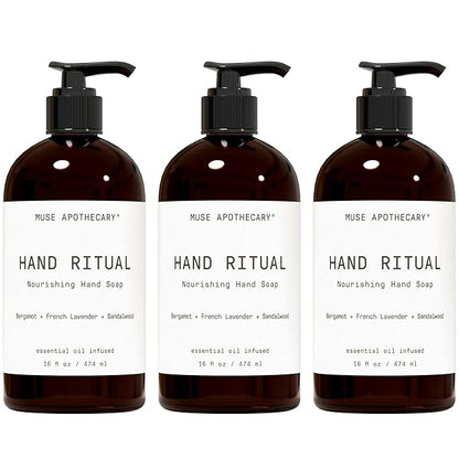 Muse Apothecary Hand Ritual - Aromatic and Nourishing Hand Soap, Infused with Aromatherapy Essential Oils - USDA Certified Biobased - 16 oz, Bergamot + French Lavender + Sandalwood, 3 Pack