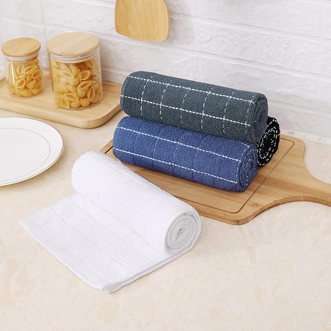 Mordimy 100% Cotton Terry Cloth Kitchen Towels, Super Soft and Absorbent Dish Towels for Drying, Checkered Designed Hand Towels for Kitchen, 16 x 26 Inches, 6 Pack, Navy