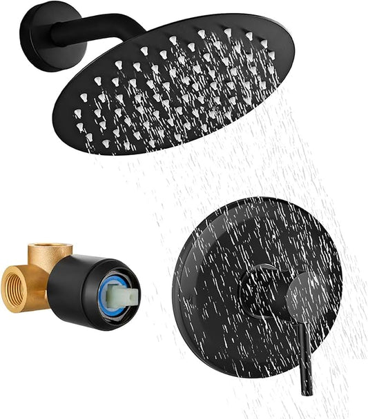 HUCKLE Shower Faucet Set with Shower Head, 10-Inch Black Shower Faucet with Valve, Single-Handle Rainfall Shower Trim Kit, Matte Black Shower Fixtures for Bathroom