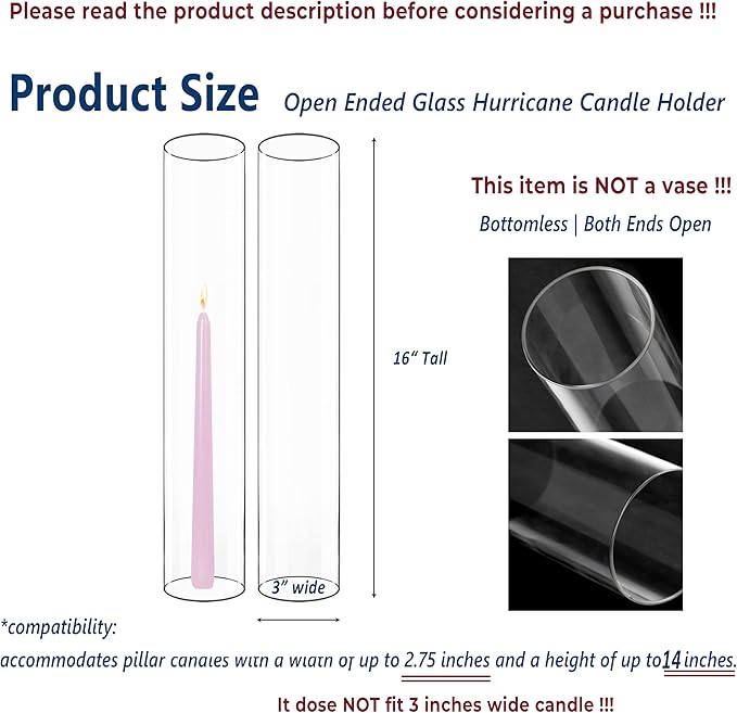 CYS EXCEL 6 PCS (H:16" D:3") Open Ended Clear Glass Hurricane Candleholder Tube Lamp Shade Open Flame Candlestick Holder Chimney Tube Cover Bottomless Cylinder
