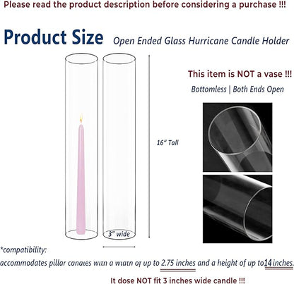 CYS EXCEL 6 PCS (H:16" D:3") Open Ended Clear Glass Hurricane Candleholder Tube Lamp Shade Open Flame Candlestick Holder Chimney Tube Cover Bottomless Cylinder