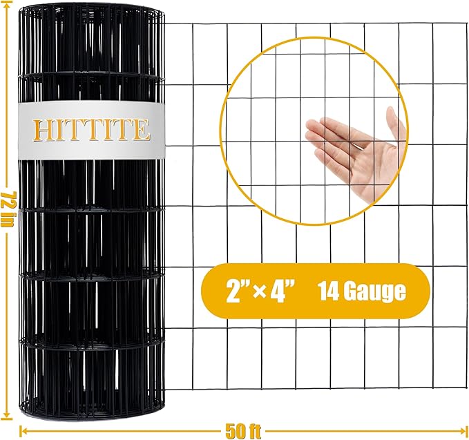 Black PVC Coated Welded Wire Fencing, 72in High x 50ft Long, 2 inch x 4 inch 14GA 2/3/4/5/6 Ft Tall Welded Wire Fence Rolls, Black Metal Garden Fence Wire Roll Garden Fencing for Yard