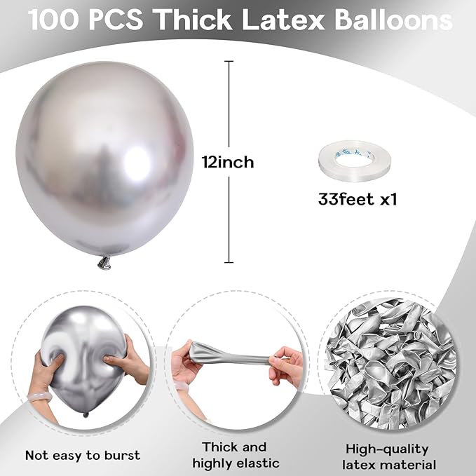 Metallic Balloons - 12 Inch, 100 Pack, Chrome Silver, Shiny Silver Latex Balloons for Birthday, Graduation, Anniversary, Wedding, Party Decorations