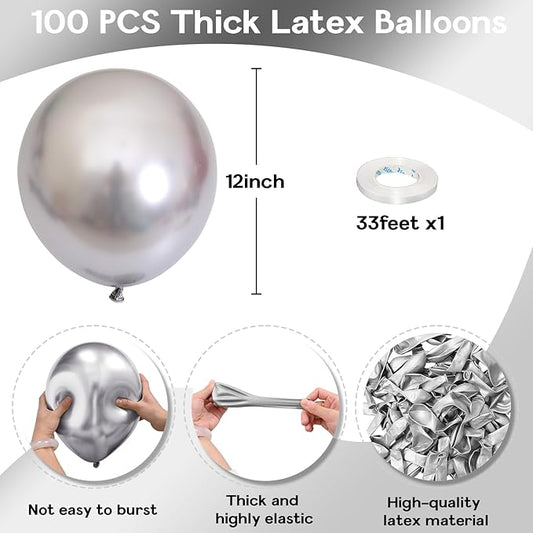 Metallic Balloons - 12 Inch, 100 Pack, Chrome Silver, Shiny Silver Latex Balloons for Birthday, Graduation, Anniversary, Wedding, Party Decorations