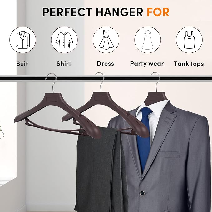 Suit Hangers for Men 50 Pack, Brown Coat Hangers Extra Wide Non Slip Width 17.7", Thick Plastic with Pants Bar & Metal Hook