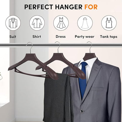 DEDU Suit Hangers for Men 20 Pack, Brown Coat Hangers Extra Wide Non Slip Width 17.7", Thick Plastic with Pants Bar & Metal Hook