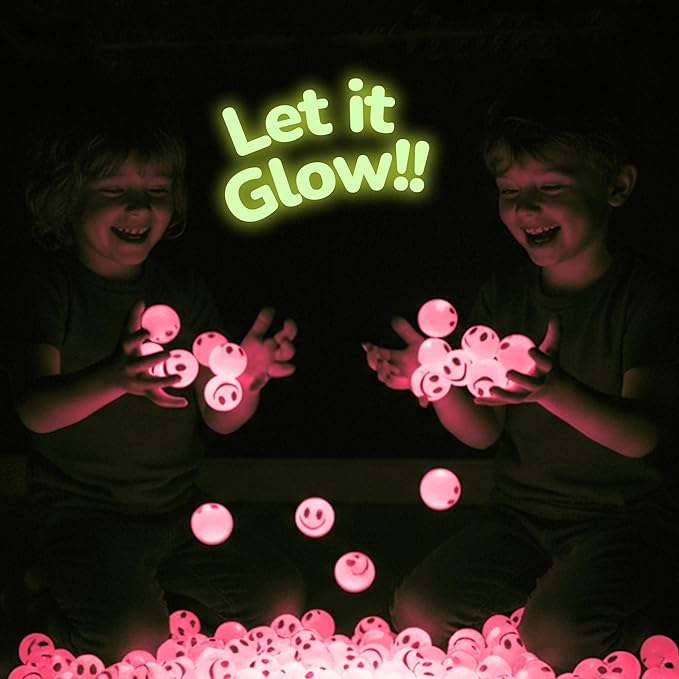 ArtCreativity 36 PCS Pink Glow in The Dark Smile Face Bouncing Balls - Bulk Pack of 36 - 1 Inch High-Bounce Bouncy Balls for Kids, Glowing Party Favors and Goodie Bag Fillers for Boys and Girls