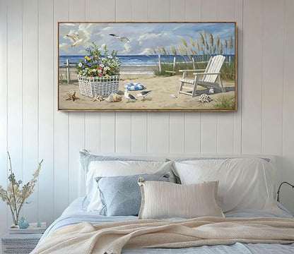 ARTZON Sea Landscape Wall Art – Large Framed Seaside Seashell Starfish Flower Basket Beach Scene Canvas Painting Horizontal Prints Picture for Dorm, Hallway, 48x24 Inch