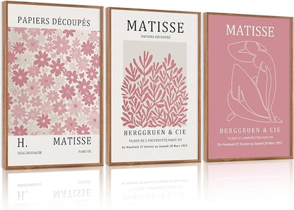 HLNIUC Matisse Pink Framed Wall Art Set,Neutral Pink Flower Canvas Wall Decor Set of 3(24”x36’) Modern Aesthetic Pictures Painting,Abstract Floral Market Art Print for Living Room Bedroom Office
