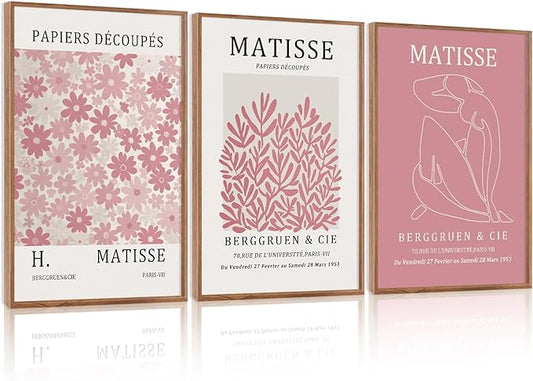 HLNIUC Matisse Pink Framed Wall Art Set,Neutral Pink Flower Canvas Wall Decor Set of 3(24”x36’) Modern Aesthetic Pictures Painting,Abstract Floral Market Art Print for Living Room Bedroom Office
