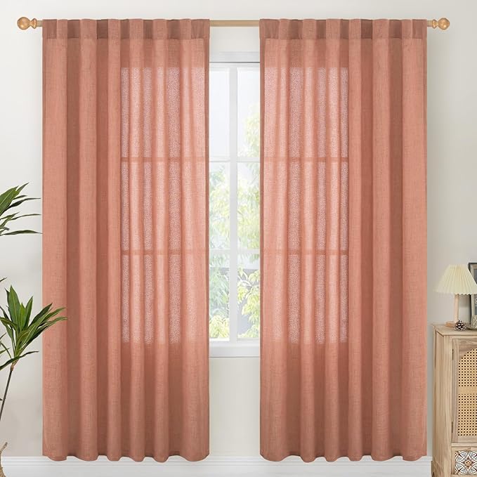 YoungsTex Terracotta Linen Curtains 78 Inch Length for Living Room, Burnt Orange Semi Sheer Drapes with Rod Pocket Back Tab Light Filtering for Bedroom Window, 2 Panels, 52 X 78 Inch