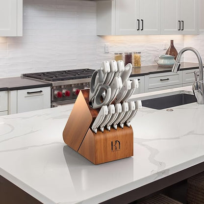 Knife Set, 15 Pcs Kitchen Knife Block Set, Enduring Razor-Sharp Japanese High Carbon Stainless Steel Chef Knife Set with Block and Sharpener, Premium Knives Set for Kitchen, White Acacia