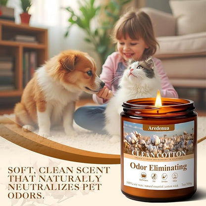 Clean & Pure Cotton Odor Eliminating Candles | Eliminates 95% of Pet, Smoke & Bathroom Odors – 7 oz Hand Poured Non-Toxic Soy Candle - Fresh Air Scented Candle Gentle for Pet - Gifts for Families