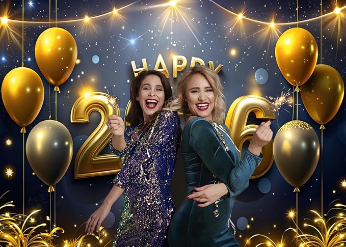 AIIKES 82.6x59 Inches Happy New Year Backdrop Black and Gold New Year Party Decoration XY239