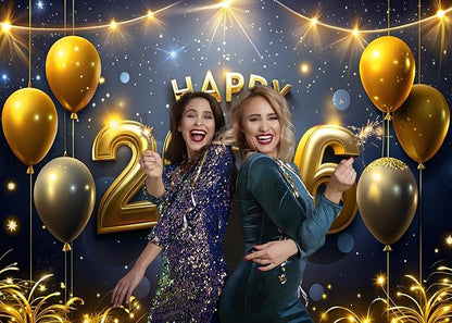 AIIKES 82.6x59 Inches Happy New Year Backdrop Black and Gold New Year Party Decoration XY239