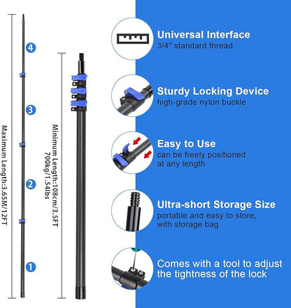 DOBEN 12-Foot Carbon Fiber Window Cleaner Tool with Telescopic Extension Pole, Rotating Scrubber & Squeegee - Durable Lightweight Design for Indoor/Outdoor Glass Cleaning