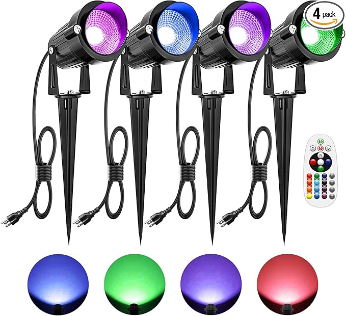 ZUCKEO 10W Christmas Spotlights Outdoor Spot Lights for Yard, LED RGB Color Changing Landscape Lighting Plug in, 120V Waterproof Remote Control Spotlight for House Garden Halloween Decoration(4Pack)