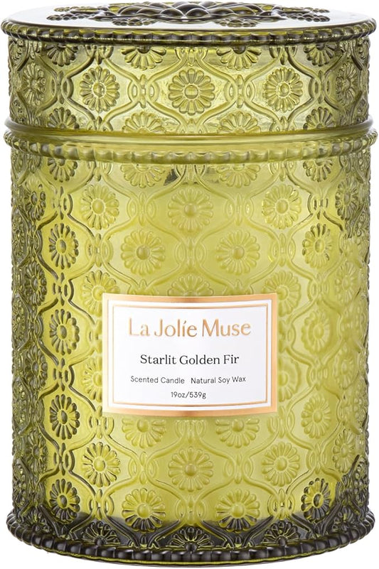 LA JOLIE MUSE Fir & Cedarwood Candle, Christmas Candles for Home Scented, 19 oz Large Wood Wicked Candle Gifts for Women&Men, 90 Hours Long Burning, Starlit Golden Fir