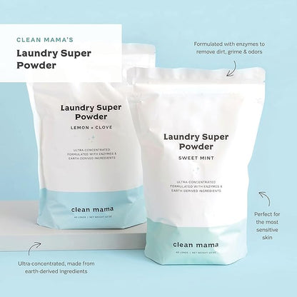 Clean Mama Laundry Super Powder Detergent - Extra Strength Laundry Detergent Powder - Natural Laundry Detergent for Sensitive Skin - Enzyme Powered, Fights Stains & Odors - Lemon + Clove, 60 Loads