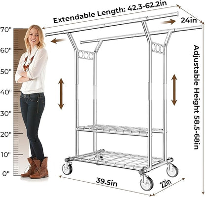 Heavy Duty Clothes Rack, Rolling Clothing Rack With Shelves Load 620 LBS, Double Rod Clothing Racks for Hanging Clothes, Portable& Adjustable Clothes Rack with Wheels Garment Rack