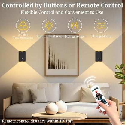 4 Pack Rechargeable Motion Sensor Wall Light: Wireless Battery Powered Wall Sconce with Remote, 3CCT Magnetic Motion Sensor Stair Light LED Indoor Up Down Wall Lamp for Bedroom Hallway Closet, Black